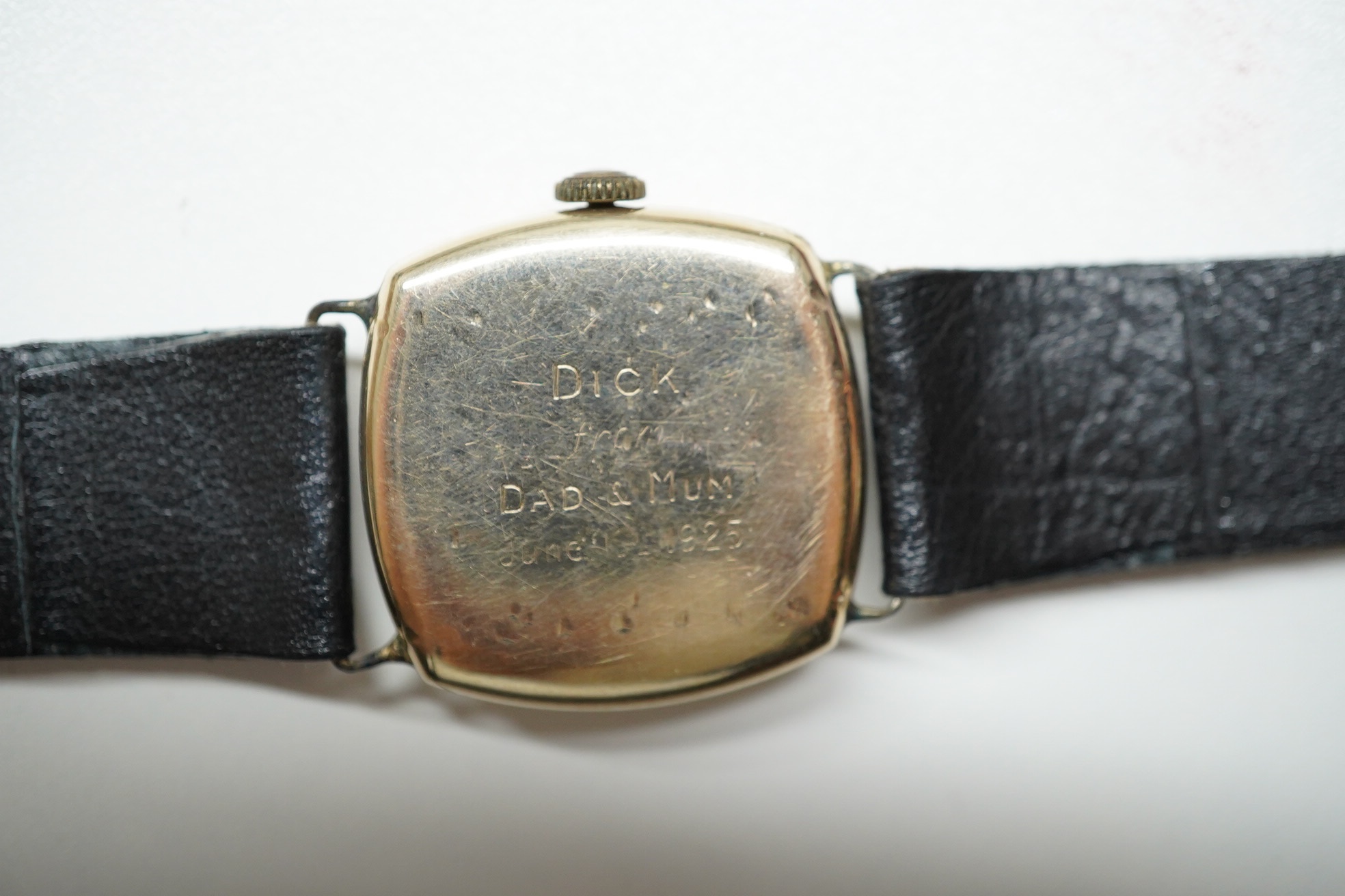 A gentleman's 1920's 14k Longines manual wind wrist watch, with Arabic dial and subsidiary seconds, case diameter 27mm, on associated leather strap, with associated Longines box. Condition - poor